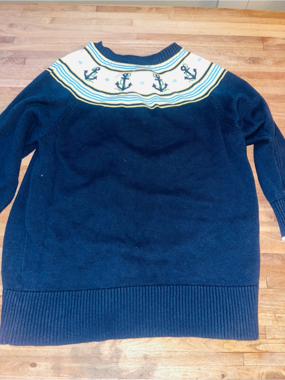 L.L. Bean Vintage Navy Cream & Yellow Knit Cardigan with Anchor | Coastal | L - Picture 9 of 9